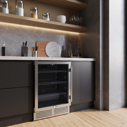 Forno Frescolino 24 Inch Beverage Cooler, Stainless Steel, with LED Lighting, Triple Glass Door, 188 Can Capacity, Built-In or Freestanding