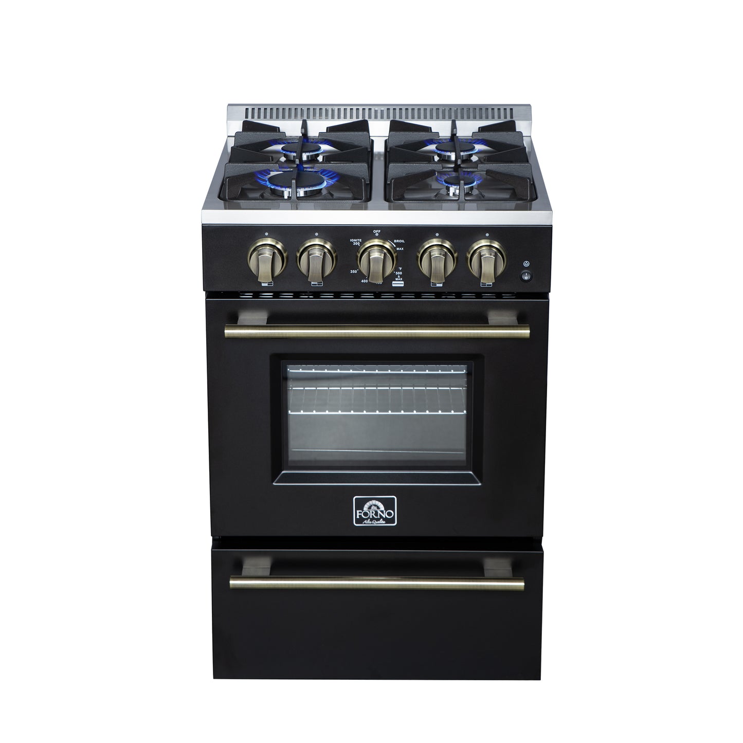 Forno Breno 24 Inch Freestanding Gas Range in Black with Antique Brass, Compact Design