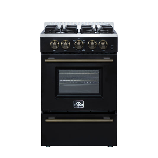 Forno Breno 24 Inch Freestanding Gas Range in Black with Antique Brass, Compact Design