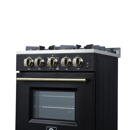 Forno Breno 24 Inch Freestanding Gas Range in Black with Antique Brass, Compact Design