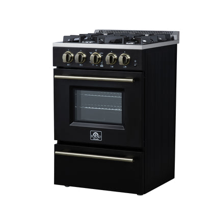 Forno Breno 24 Inch Freestanding Gas Range in Black with Antique Brass, Compact Design