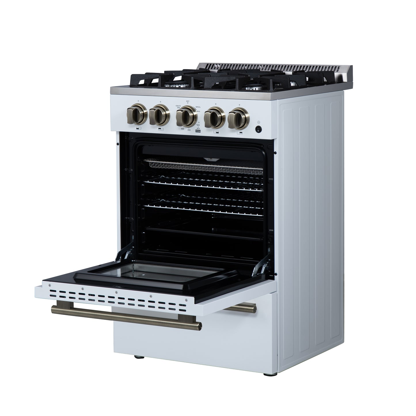 Forno Breno 24 Inch Freestanding Gas Range in White with Antique Brass, Compact Design