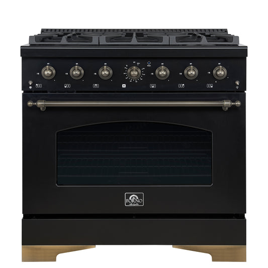 Forno Antico 36-Inch Freestanding Gas Range, Black, Antique Brass Design, 6 Burners, Convection Oven, Energy Efficient