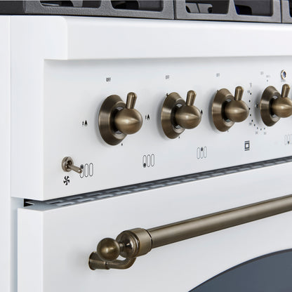 Forno Antico 36-Inch Freestanding Gas Range, White, Antique Brass Design, 6 Burners, Convection Oven, Energy Efficient