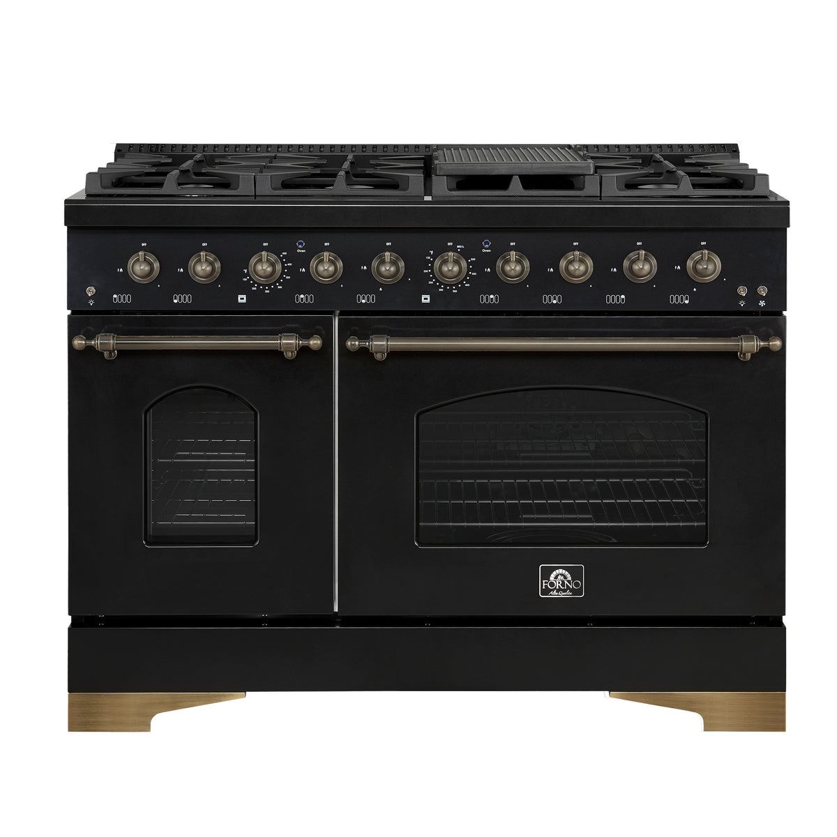 Forno Antico 48-Inch Freestanding Gas Range, Black, Antique Brass Design, 8 Burners, Griddle, Double Ovens, Energy Efficient