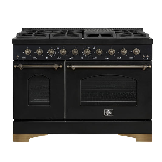 Forno Antico 48-Inch Freestanding Gas Range, Black, Antique Brass Design, 8 Burners, Griddle, Double Ovens, Energy Efficient