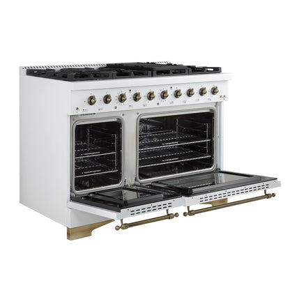 Forno Antico 48-Inch Freestanding Gas Range, White, Antique Brass Design, 8 Burners, Griddle, Double Ovens, Energy Efficient