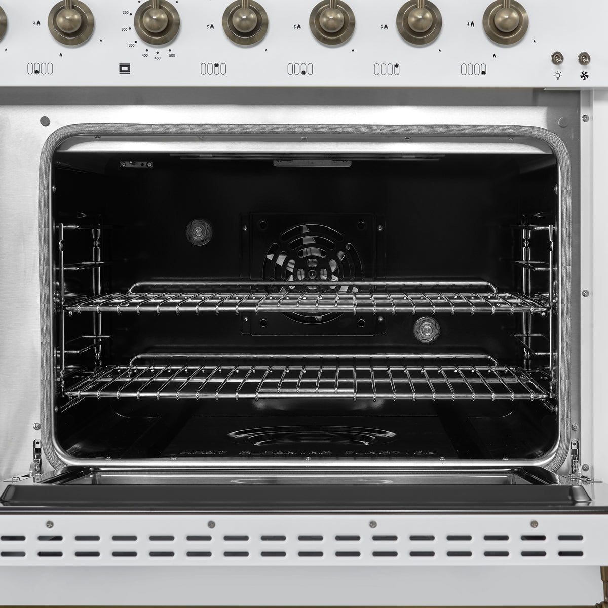 Forno Antico 48-Inch Freestanding Gas Range, White, Antique Brass Design, 8 Burners, Griddle, Double Ovens, Energy Efficient