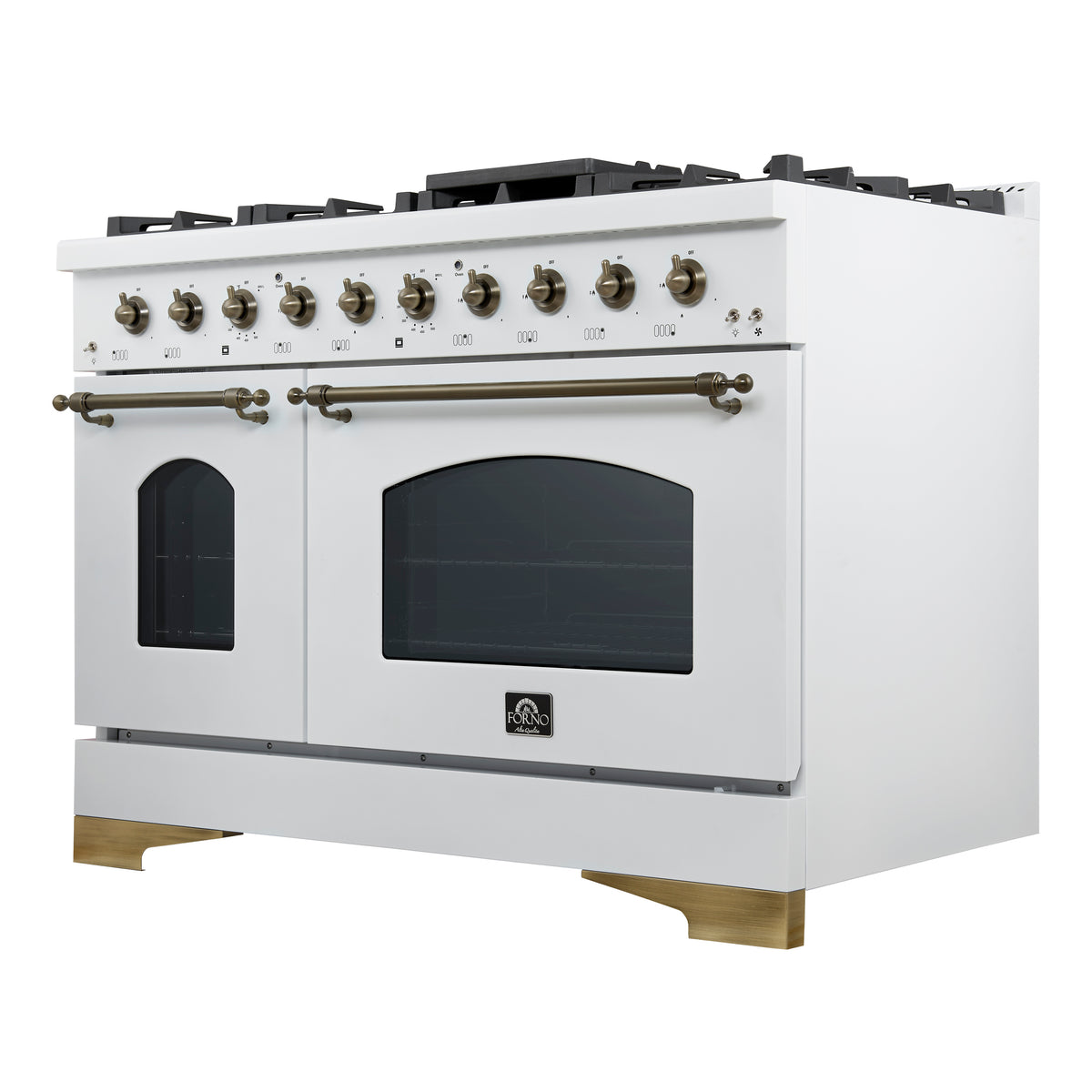 Forno Antico 48-Inch Freestanding Gas Range, White, Antique Brass Design, 8 Burners, Griddle, Double Ovens, Energy Efficient