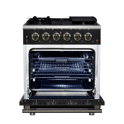 Forno Massimo 30-Inch Black Freestanding Gas Range, 4 Burners, True Convection Oven