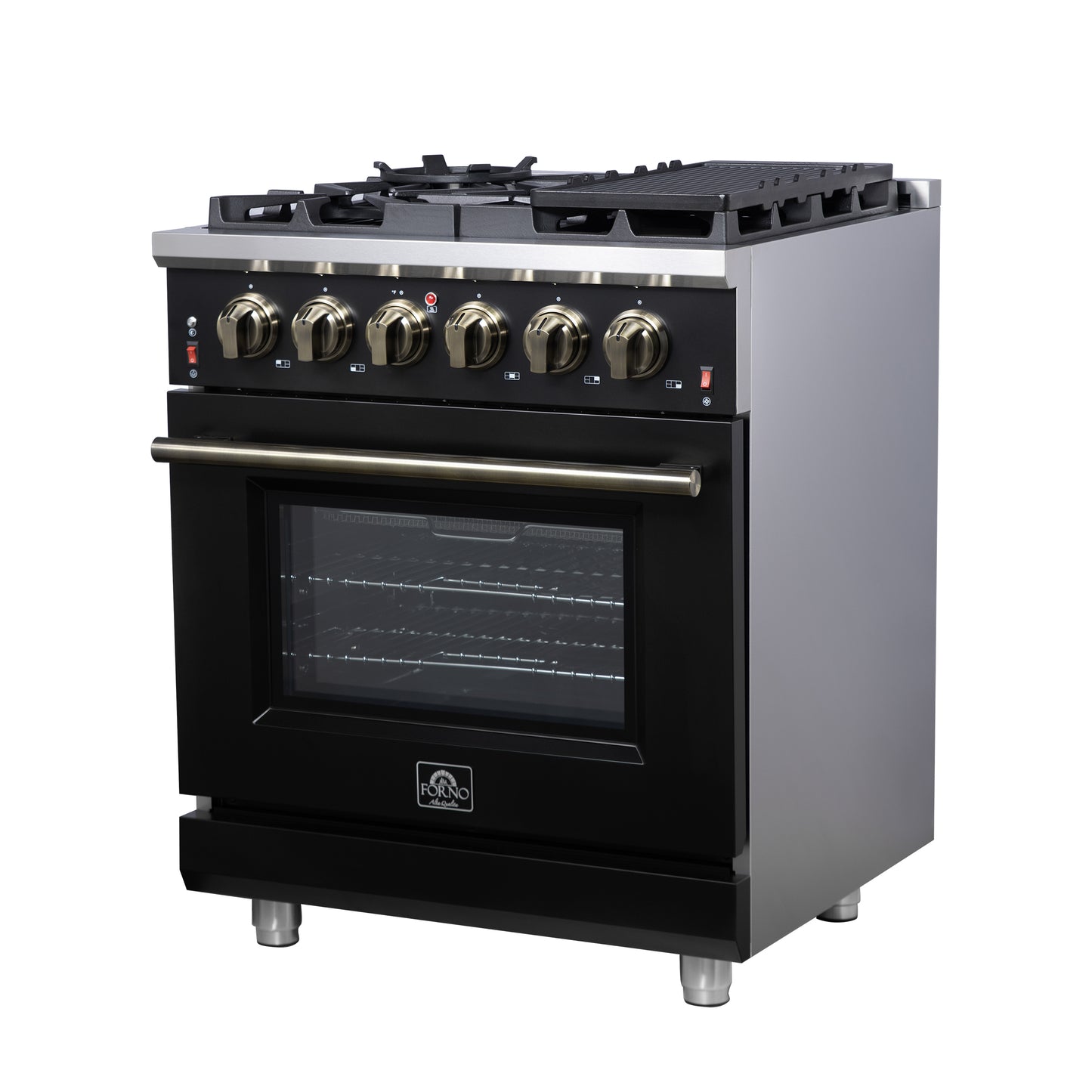 Forno Massimo 30-Inch Black Freestanding Gas Range, 4 Burners, True Convection Oven