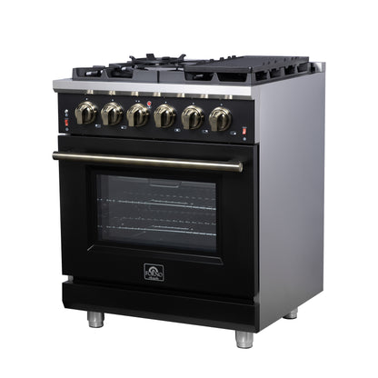 Forno Massimo 30-Inch Black Freestanding Gas Range, 4 Burners, True Convection Oven