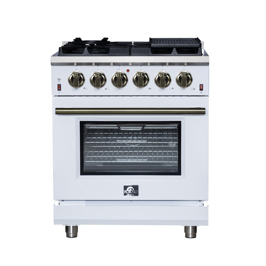 Forno Massimo 30-Inch White Freestanding Gas Range, 4 Burners, True Convection Oven