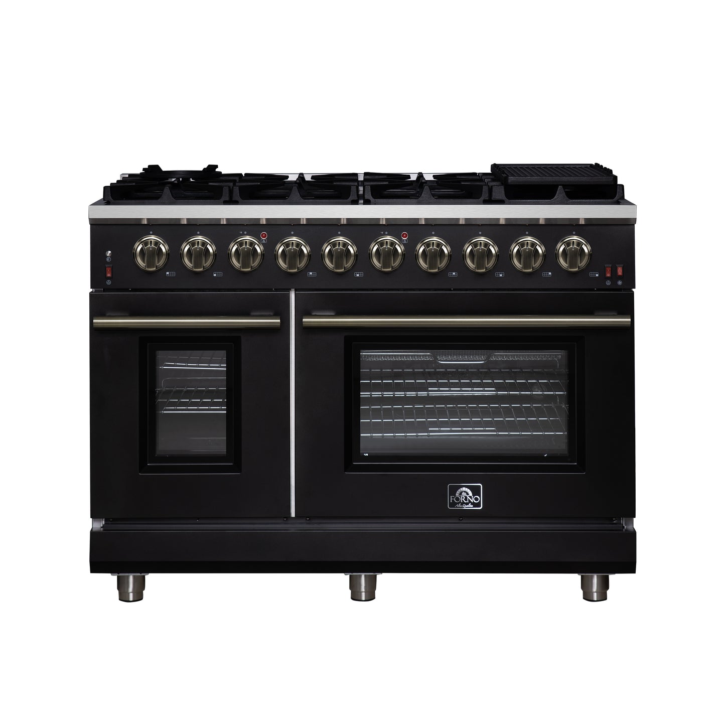 Forno Massimo 48-Inch Black Freestanding Gas Range, 8 Burners, True Convection Oven