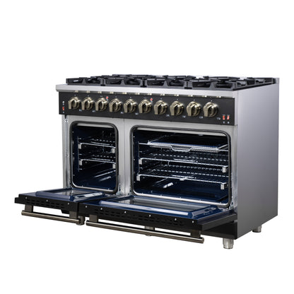 Forno Massimo 48-Inch Black Freestanding Gas Range, 8 Burners, True Convection Oven