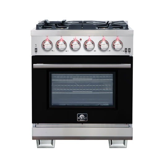 Forno Capriasca 30-Inch Freestanding Gas Range, 4 Burners, True Convection Oven, Black Door