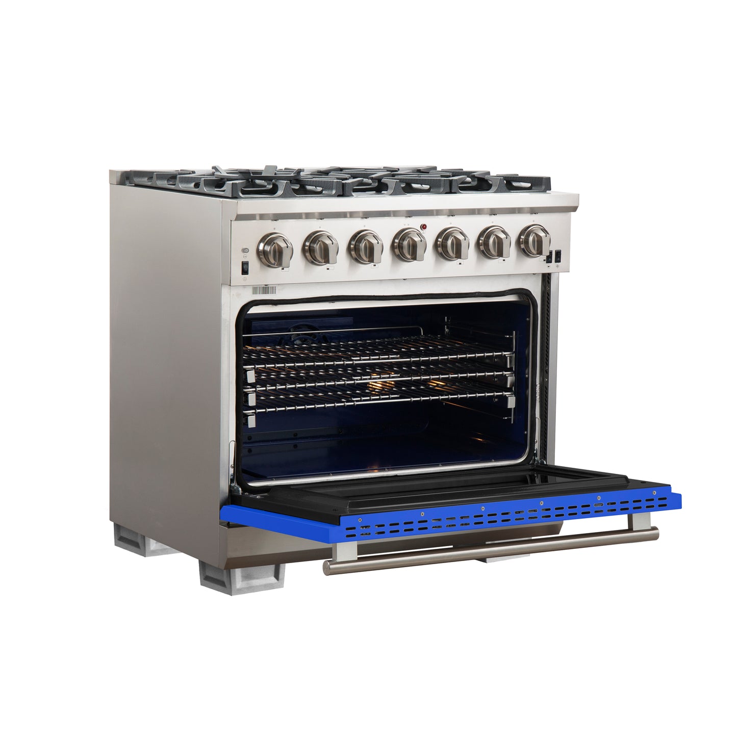 Forno Capriasca 36-Inch Gas Range, Stainless Steel, 6 Brass Burners, 120,000 BTU, Convection Oven, Energy Efficient, Blue Door