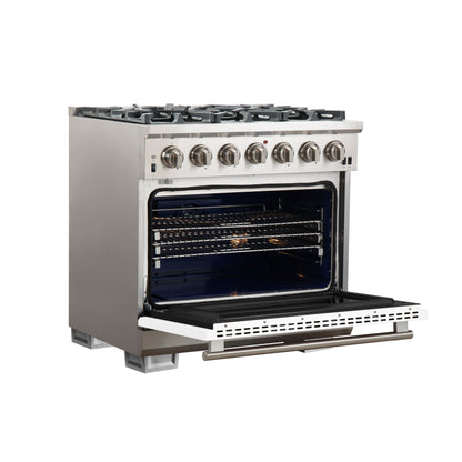 Forno Capriasca 36-Inch Gas Range, Stainless Steel, 6 Brass Burners, 120,000 BTU, Convection Oven, Energy Efficient, White Door