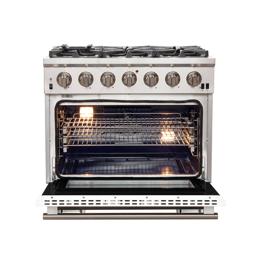 Forno Capriasca 36-Inch Gas Range, Stainless Steel, 6 Brass Burners, 120,000 BTU, Convection Oven, Energy Efficient, White Door