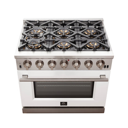 Forno Capriasca 36-Inch Gas Range, Stainless Steel, 6 Brass Burners, 120,000 BTU, Convection Oven, Energy Efficient, White Door