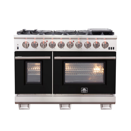 FORNO Capriasca 48-inch Gas Range Stainless Steel, 8 Brass Burners 160,000 BTU, 6.58 cu.ft. Double Oven, Black Doors