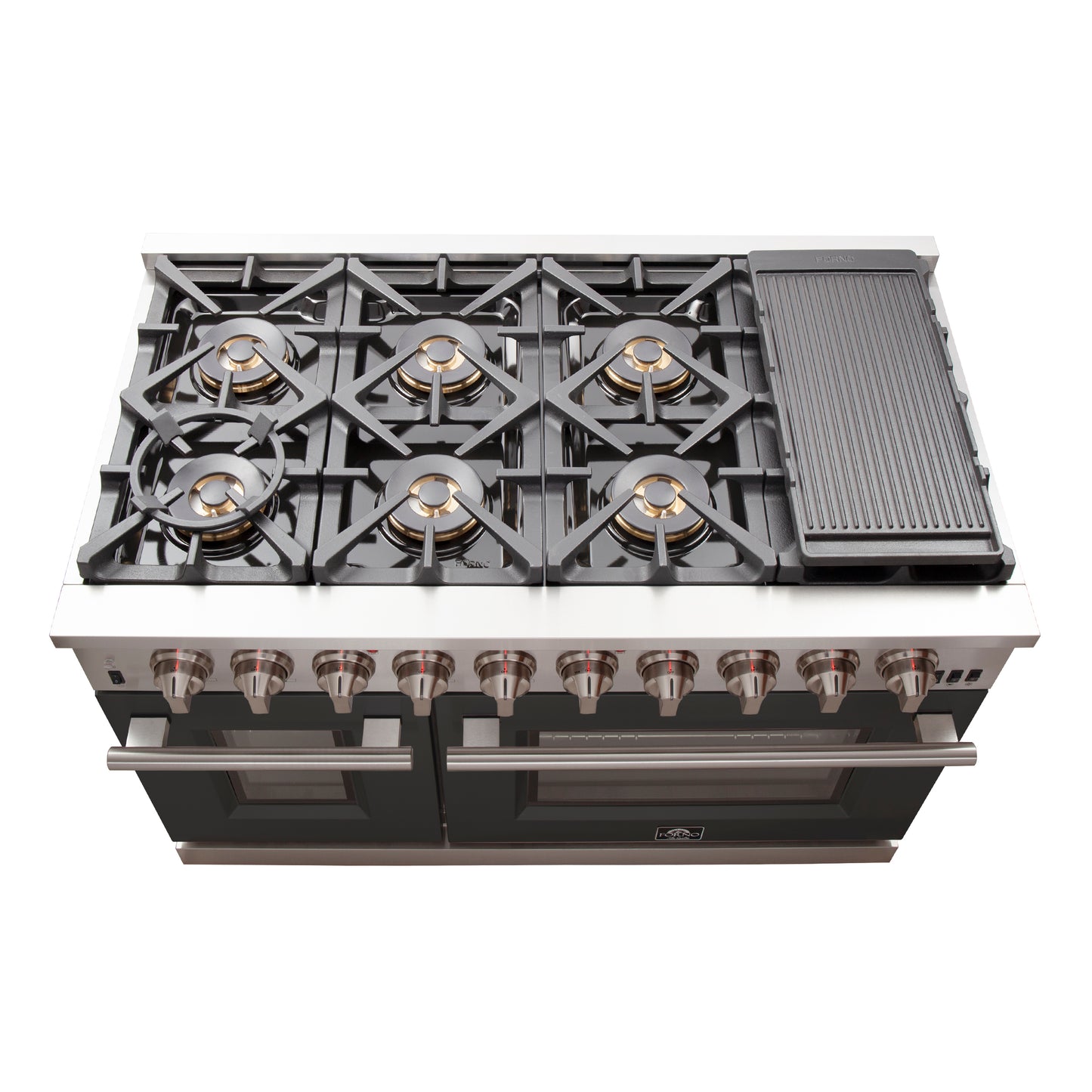 FORNO Capriasca 48-inch Gas Range Stainless Steel, 8 Brass Burners 160,000 BTU, 6.58 cu.ft. Double Oven, Black Doors