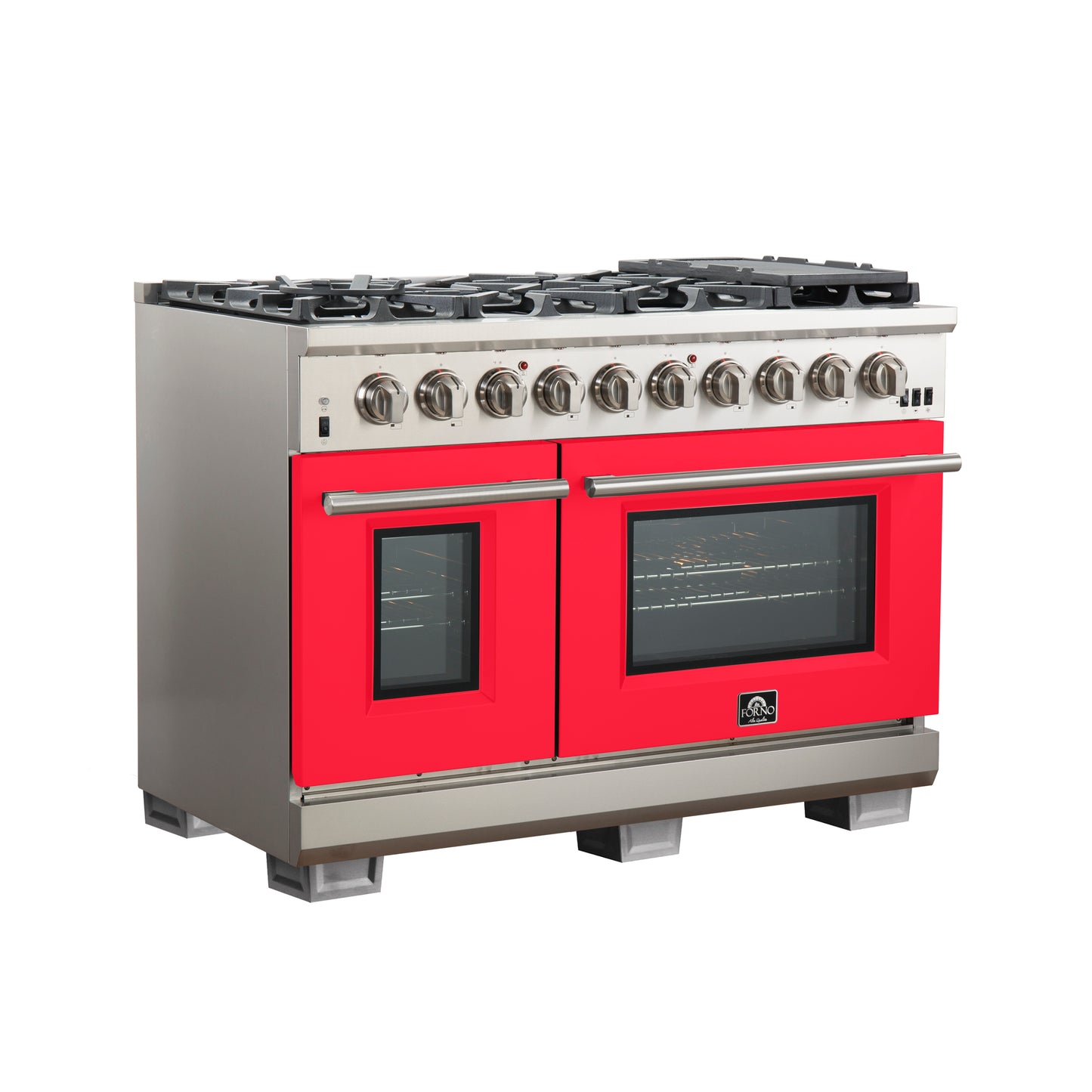 FORNO Capriasca 48-inch Gas Range Stainless Steel, 8 Brass Burners 160,000 BTU, 6.58 cu.ft. Double Oven, Red Doors