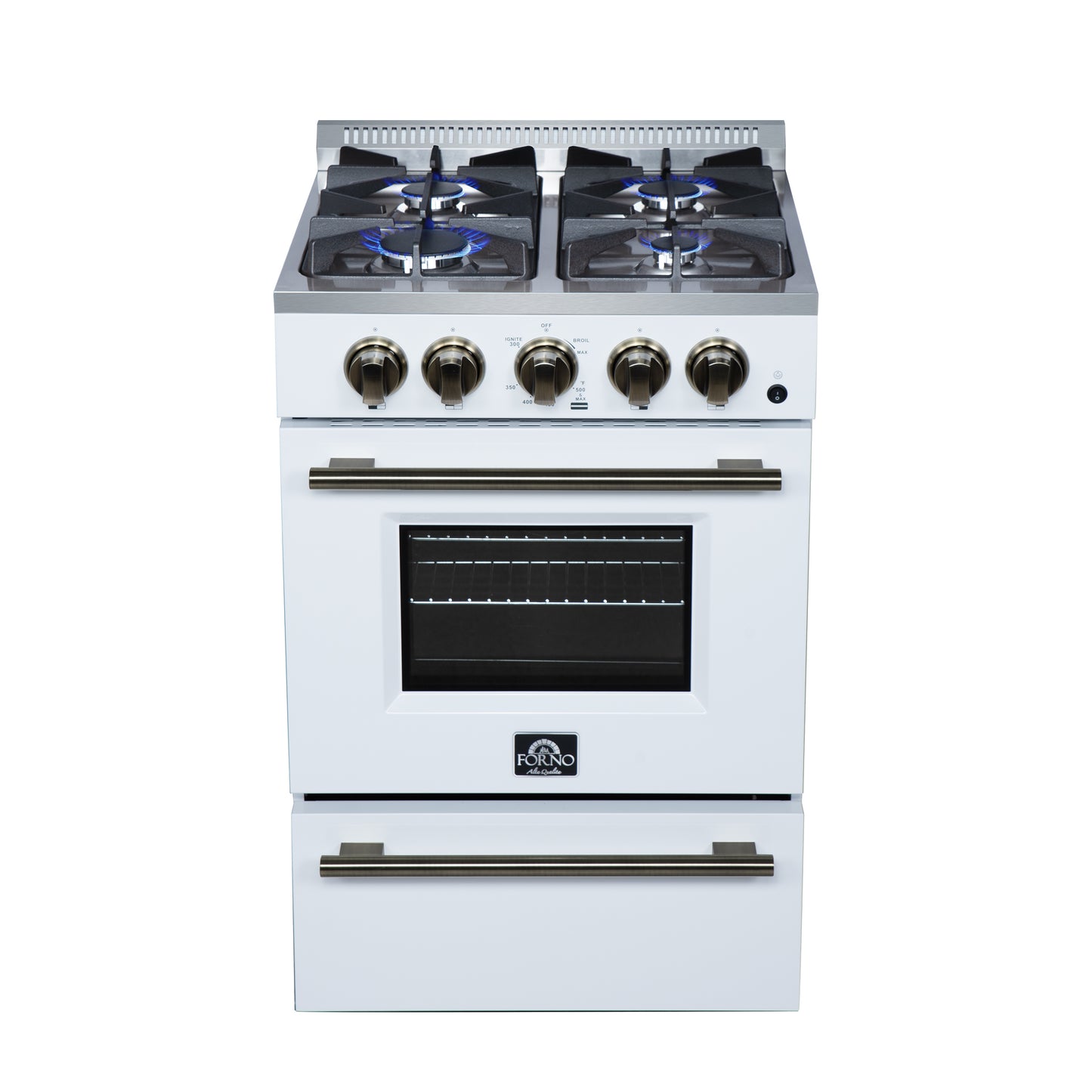 Forno Breno 24 Inch Freestanding Gas Range in White with Antique Brass, Plug Included, Energy Efficient