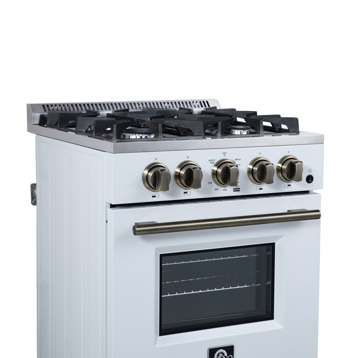 Forno Breno 24 Inch Freestanding Gas Range in White with Antique Brass, Plug Included, Energy Efficient