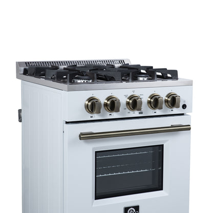 Forno Breno 24 Inch Freestanding Gas Range in White with Antique Brass, Plug Included, Energy Efficient