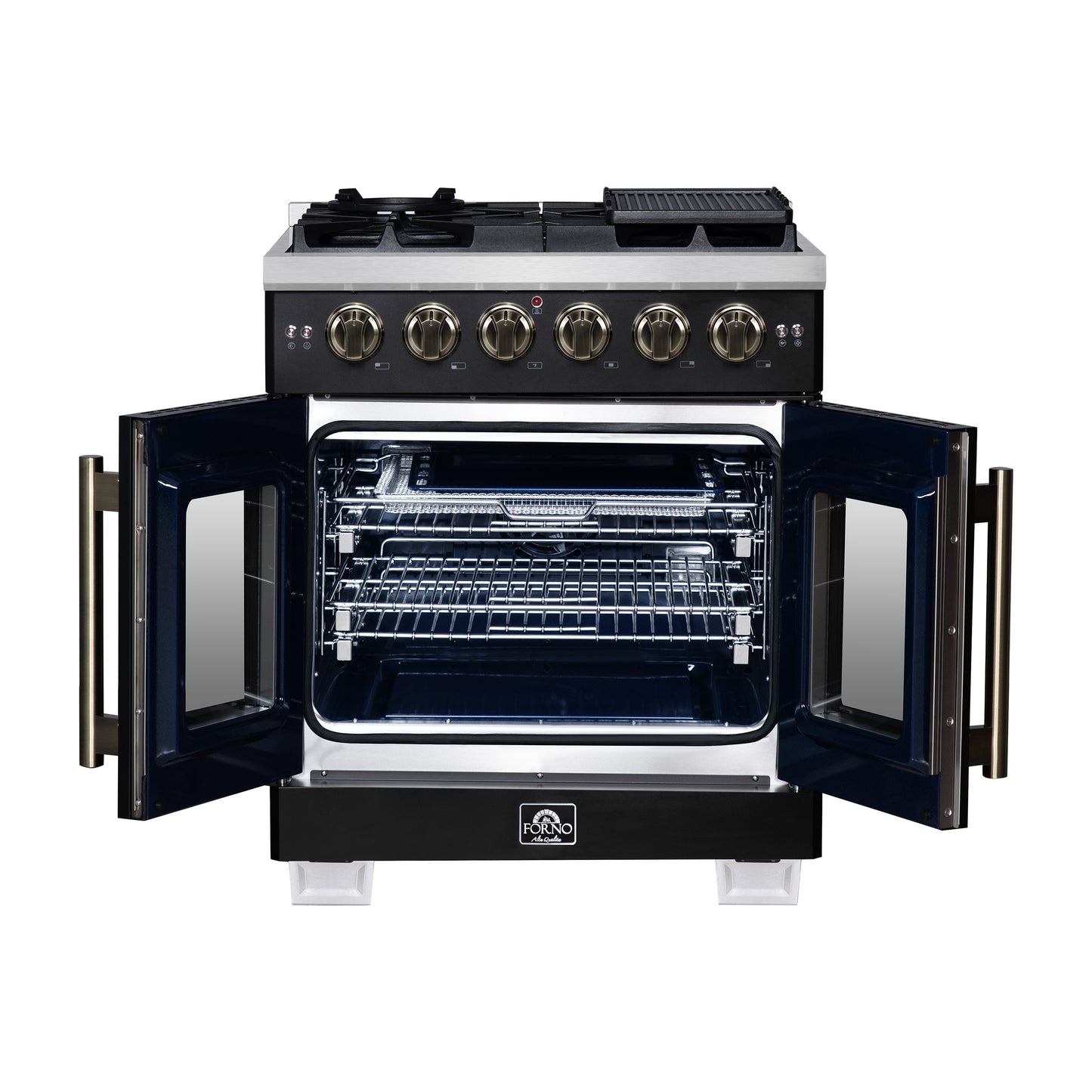 Forno Capriasca 30-Inch Freestanding French Door Gas Range, 4 Burners, Convection Oven, Energy Efficient