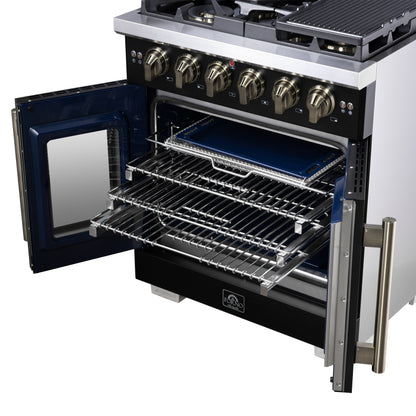 Forno Capriasca 30-Inch Freestanding French Door Gas Range, 4 Burners, Convection Oven, Energy Efficient