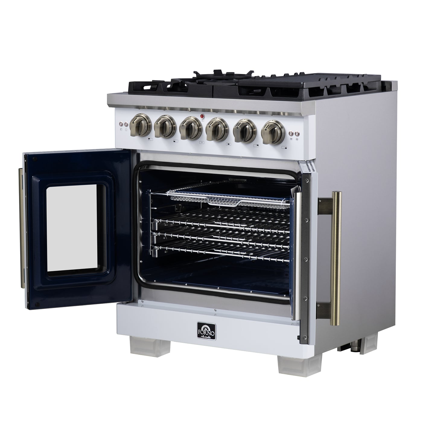 Forno Capriasca 30-Inch White Freestanding French Door Gas Range, 4 Burners, Convection Oven, Energy Efficient