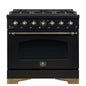 Forno Antico 36-Inch Freestanding Gas Range, Black, Antique Brass Design, 6 Burners, Convection Oven, Energy Efficient