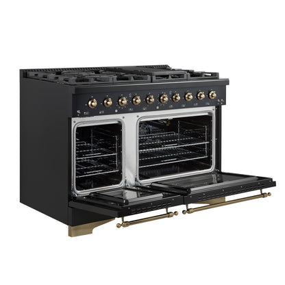 Forno Antico 48-Inch Freestanding Gas Range, Black, Antique Brass Design, 8 Burners, Griddle, Double Ovens, Energy Efficient