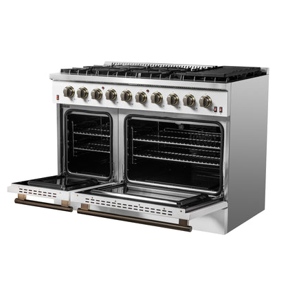 FORNO Galiano 48-inch Gas Range White & Antique Brass Design, 8 Burners, 107,000 BTU, Griddle, 6.58 cu.ft. Double Ovens