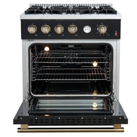 Marco 30-inch Gas Range Black & Antique Brass Design, 4 Burners 37,000 BTU, 4.32 cu.ft. Convection Oven