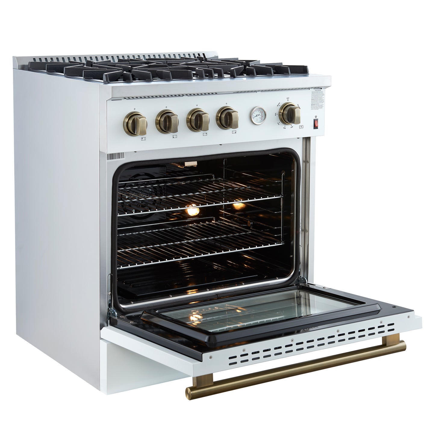 Marco 30-inch Gas Range White & Antique Brass Design, 4 Burners 37,000 BTU, 4.32 cu.ft. Convection Oven