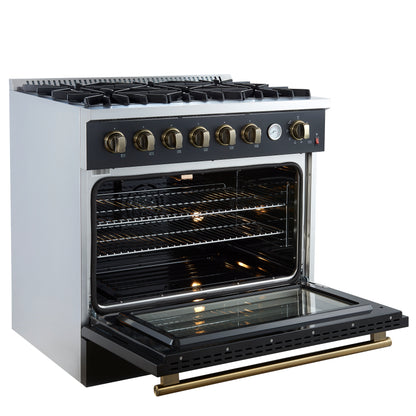 Marco 36-Inch Gas Range Black & Antique Brass Design, 6 Burners 67,000 BTU, 5.36 cu.ft. Convection Oven