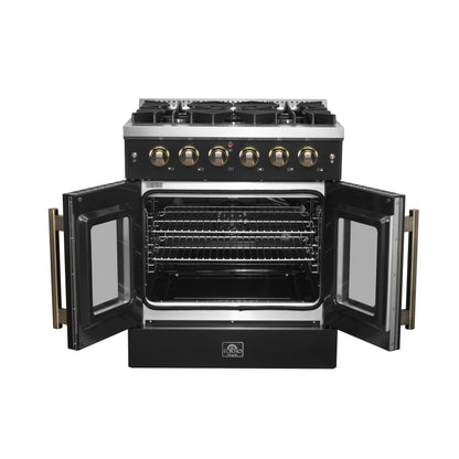 Forno Galiano 30-inch French Door Gas Range Black and Antique Brass Design, 5 Sealed Burners 68,000 BTU,  4.32 cu.ft. Convection Oven
