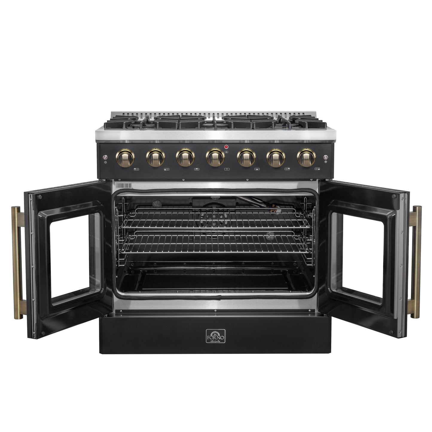 Forno Galiano 36-inch French Door Gas Range Black and Antique Brass Design, 6 Sealed Burners 83,000 BTU, 5.36 cu.ft. Convection Oven
