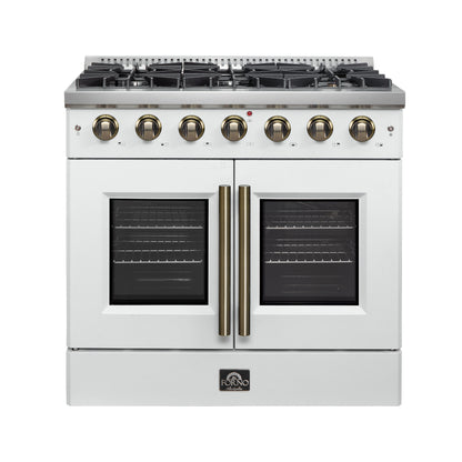 Forno Galiano 36-inch French Door Gas Range White and Antique Brass Design, 6 Sealed Burners 83,000 BTU, 5.36 cu.ft. Convection Oven