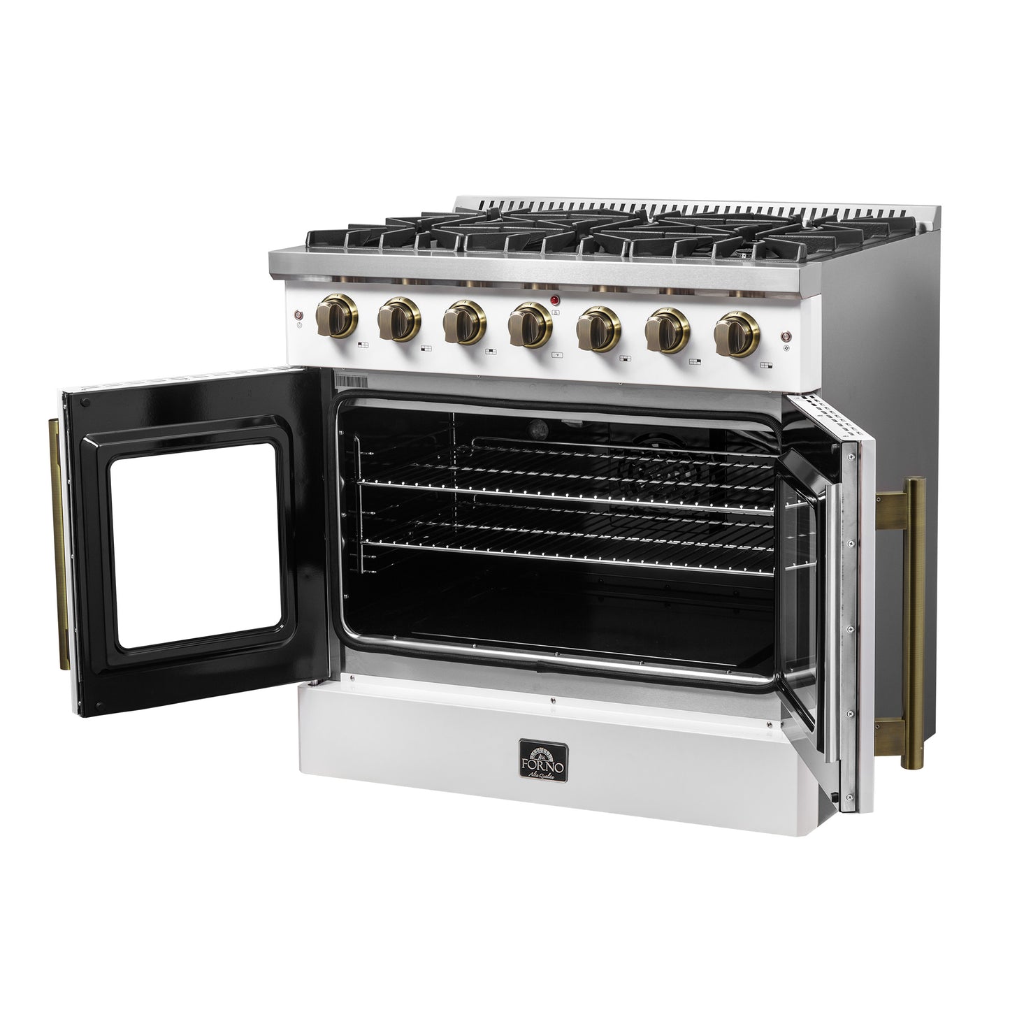 Forno Galiano 36-inch French Door Gas Range White and Antique Brass Design, 6 Sealed Burners 83,000 BTU, 5.36 cu.ft. Convection Oven