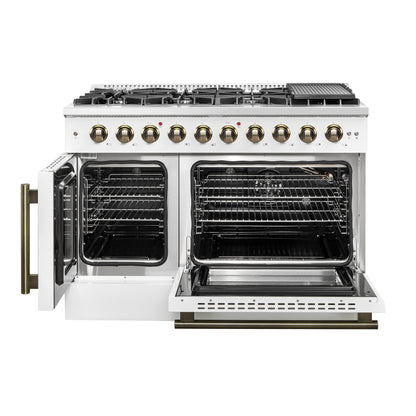 Forno Galiano 48-Inch Freestanding French Door Gas Range, White & Antique Brass