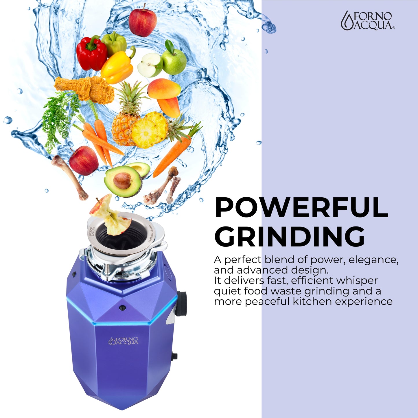 FORNO ACQUA BrightDIAMOND Amethyst 1HP Super Quiet Garbage Disposal Corded with Motion Sensor Cabinet Light & Pre-Wired Air Switch