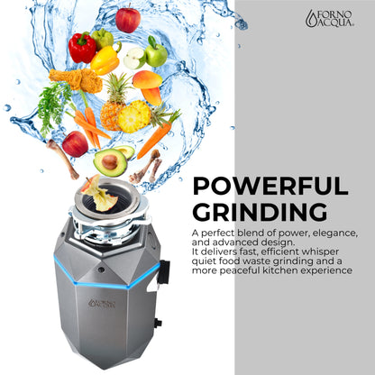 FORNO ACQUA BrightDIAMOND Black Onyx 1HP Super Quiet Garbage Disposal Corded with Motion Sensor Cabinet Light & Pre-Wired Air Switch