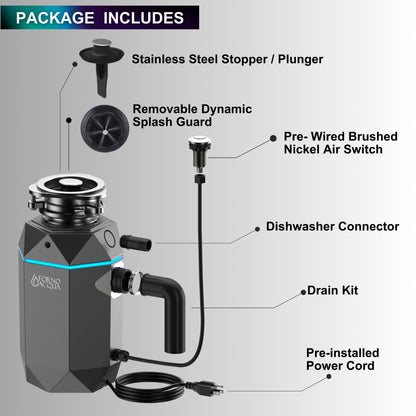 FORNO ACQUA BrightDIAMOND Black Onyx 1HP Super Quiet Garbage Disposal Corded with Motion Sensor Cabinet Light & Pre-Wired Air Switch