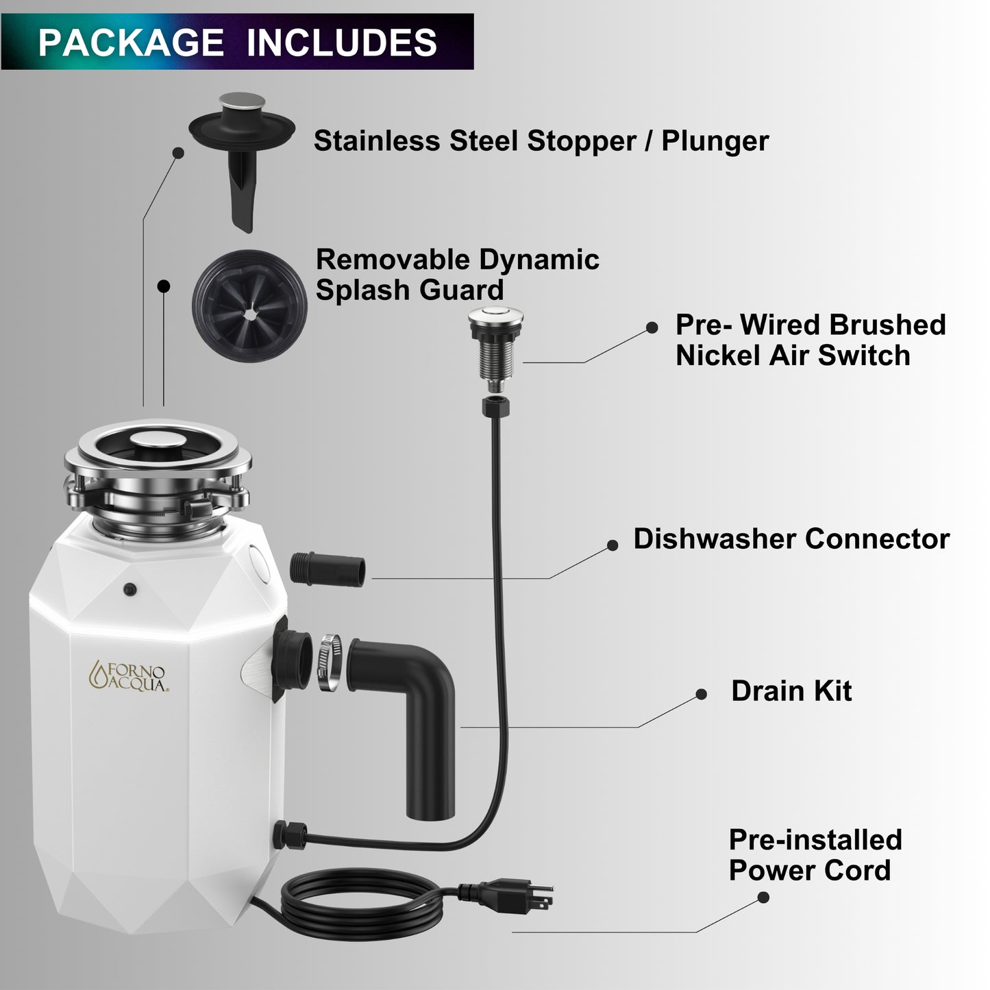 FORNO ACQUA BrightDIAMOND Moonstone 1HP Super Quiet Garbage Disposal Corded with Motion Sensor Cabinet Light & Pre-Wired Air Switch