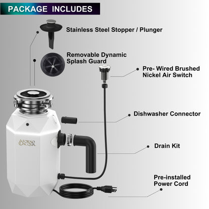 FORNO ACQUA BrightDIAMOND Moonstone 1HP Super Quiet Garbage Disposal Corded with Motion Sensor Cabinet Light & Pre-Wired Air Switch