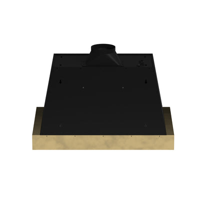 Forno Vittorio 36-Inch Wall Mount Range Hood, Black with Antique Brass Trim, 600 CFM Airflow, Dishwasher-Safe Baffle Filters, Remote Control, 3-Speed Fan, Bright LED Lighting.